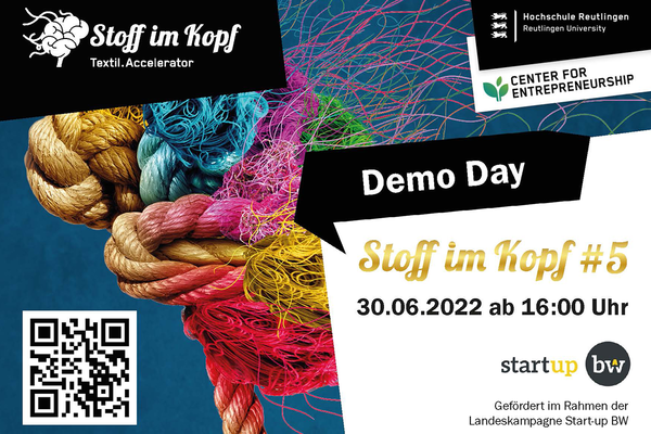 Flyer Einladung Stoff im Kopf #5 Demo Day. Text: Demo Day am 30.06.2022 ab 16:00 Uhr.