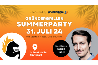 Veranstaltungsflyer für das Event “Gründergrillen Summerparty” vom Startup Stuttgart e.V. am 31. Juli 2024.