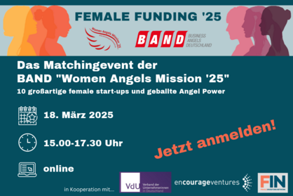 Key Visual Female Funding ‘25. Text: Das Matchingevent der BAND “Women Angels Mission ‘25”. 