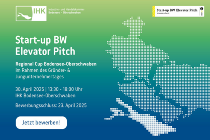 Veranstaltungsflyer für den Regional Cup Bodensee-Oberschwaben, im Rahmen des Gründer- und Jungunternehmertags am 30. April 2025 mit Text: Jetzt bewerben. Bewerbungsschluss: 23. April 2025.