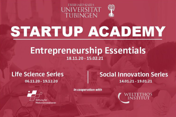 Weiße Schrift auf rotem Hintergrund: Einladung zur Startup Academy an der Uni Tübingen vom 18.11.2020 - 15.02.2021.