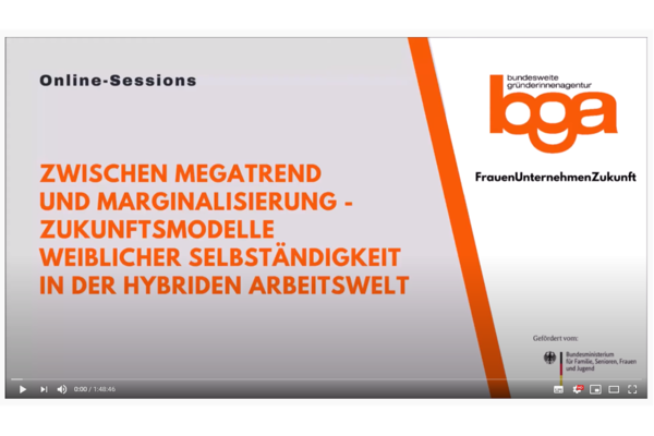 Titelfolie zu den Online-Sessions der bundesweiten Gründerinnenagentur und FrauenUnternehmenZukunft - Zwischen Megatrend und Marginalisierung – Zukunftsmodelle weiblicher Selbständigkeit in der hybriden Arbeitswelt