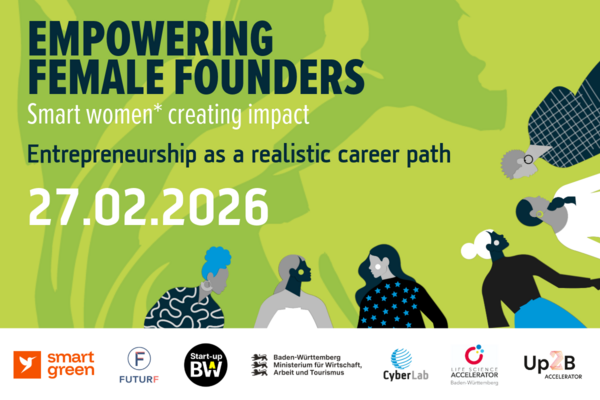 Einladungsflyer zur Veranstaltung Empowering Female Founders mit dem Text: Empowering Female Founders “Smart women*creating impact”: Entrepreneurship as a realistic career path, 27.02.2026.