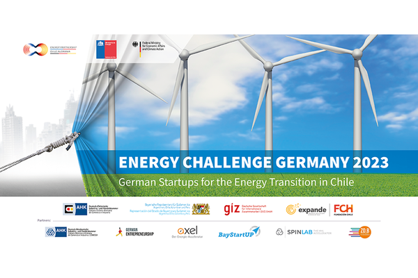 Flyer Energy Challenge Germany 2023, ein internationaler Wettbewerb der Auslandshandelskammer Chile mit dem Logo von AXEL - Der Energie-Accelerator als Partner. 