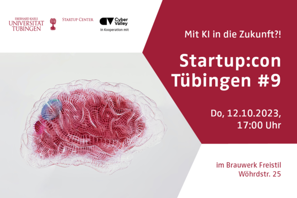 Veranstaltungsflyer für die neunte Ausgabe der Netzwerkveranstaltung Startup:con Tübingen am 12. Oktober 2023.