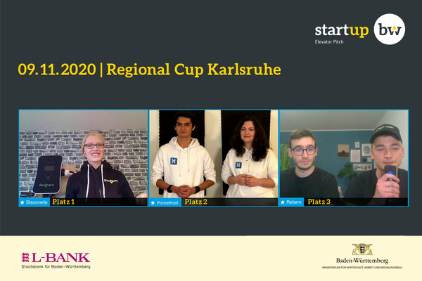 Bilder der Siegerinnen und Sieger des Start-up BW Elevator Pitch Regional Cup Karlsruhe.