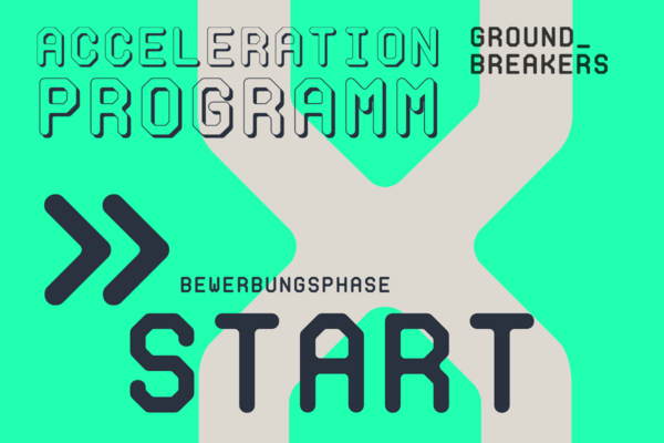 Key Visual für den Bewerbungsstart beim GROUNDBREAKERS mit dem Text: Acceleration Programm, Bewerbungsphase, Start.