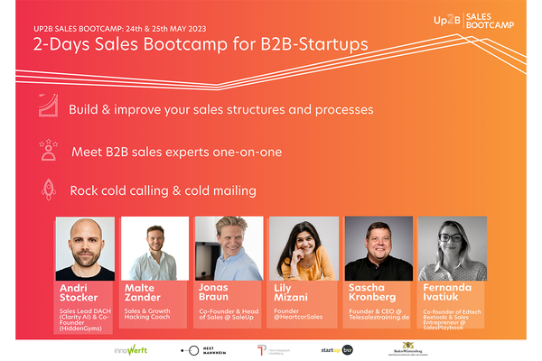 Flyer für den nächsten Durchlauf des Programms "Sales Bootcamp". Text: Up2B Sales Bottcamp 24. - 25. Mai 2023. 2-days sales bootcamp for B2B-startups. Logos: Up2B Accelerator, innoWerft, Next Mannheim, Technologiepark Heidelberg, Start-up BW, Wirtschaftsministerium Baden-Württemberg.