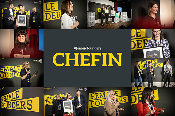 Collage mit Eindrücken vom FEMALE FOUNDERS CUP 2022. Text in der Mitte: #femalefounders CHEFIN.