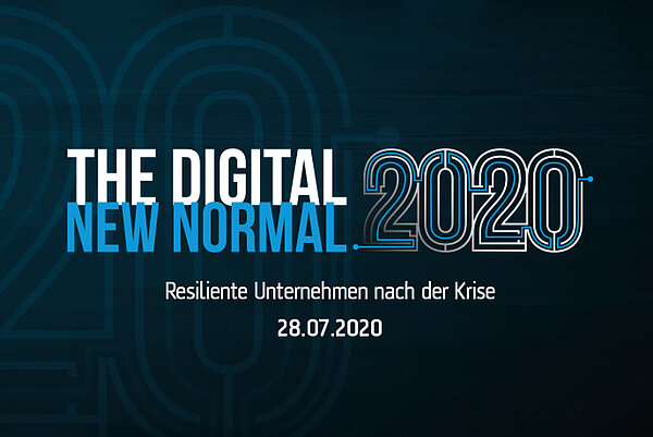 Weiße und blaue Schrift auf dunklem Hintergrund. Einladung zur Veranstaltung The Digital New Normal 2020 des CyberForums am 28. Juli 2020.