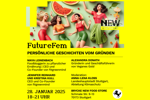 Key Visual zur Veranstaltung “FutureFem” - persönliche Geschichten vom Gründen von NEW STUTTGART. 