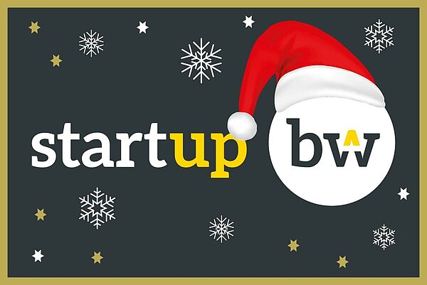 Start-up BW Logo mit Nikolausmütze und Schneeflocken als Weihnachtsgruß.